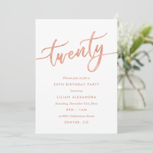 Roos Gold 20th Birthday Party Invitation Faux Foli Kaart (Staand voorkant)