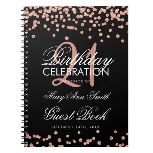 Roos Gold 21e Birthday Guest Book Confetti Black Notitieboek (Voorkant)