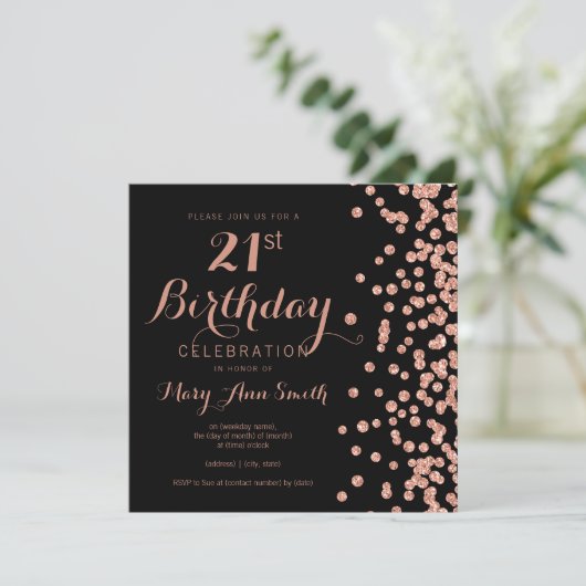 Roos Gold 21e verjaardag Glitter Confetti Black Kaart (Staand voorkant)