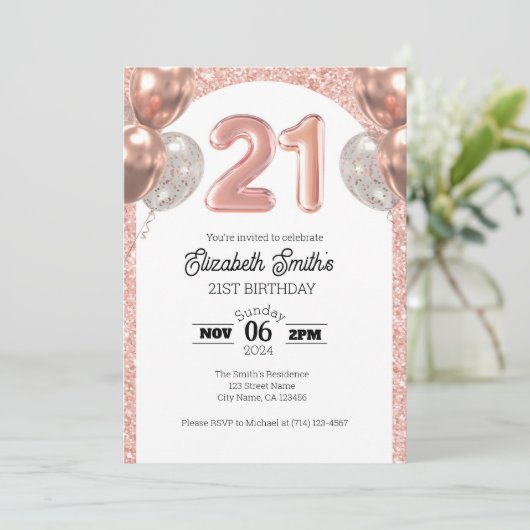 Roos Gold 21e Verjaardagsuitnodiging Sjabloon Kaart (Staand voorkant)