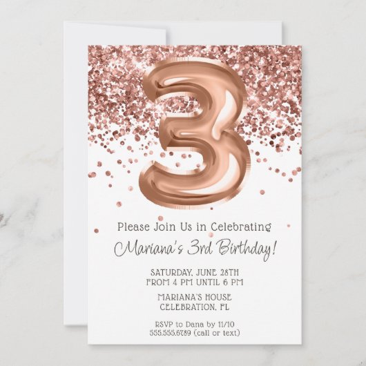 Roos Gold 3e Verjaardagsfeestuitnodiging Kaart (Voorkant)
