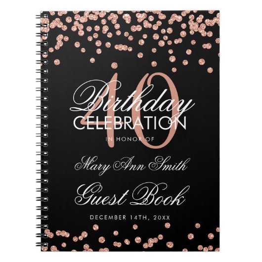 Roos Gold 40e Birthday Guest Book Confetti Black Notitieboek (Voorkant)