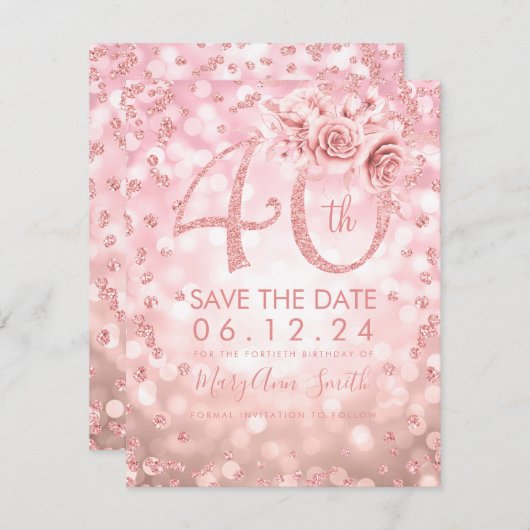 Roos Gold 40e verjaardag Glam Licht sparen de datu Save The Date (Voorkant / Achterkant)