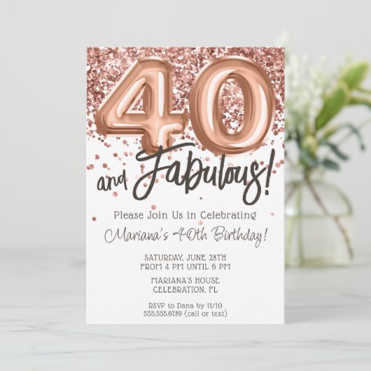 Roos Gold 40e Verjaardagsfeestuitnodiging Kaart (Staand voorkant)