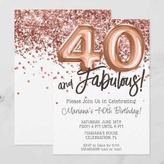 Roos Gold 40e Verjaardagsfeestuitnodiging Kaart (Voorkant / Achterkant)
