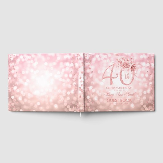 Roos Gold 40th Birthday Floral Glam Lights Gastenboek (Volledig)