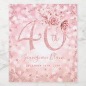 Roos Gold 40th Birthday Floral Glam Lights Wijn Etiket (Enkel label)
