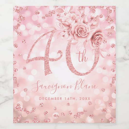 Roos Gold 40th Birthday Floral Glam Lights Wijn Etiket (Enkel label)