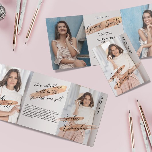 Roos Gold 4 Foto Afstuderen Tri Fold Uitnodiging