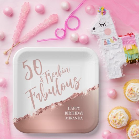 Roos Gold 50 & Fabulous! Leuke Typografie Verjaard Papieren Bordje (Feest)