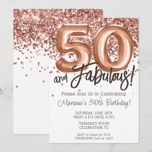 Roos Gold 50ste verjaardagsfeestuitnodiging Kaart (Voorkant / Achterkant)