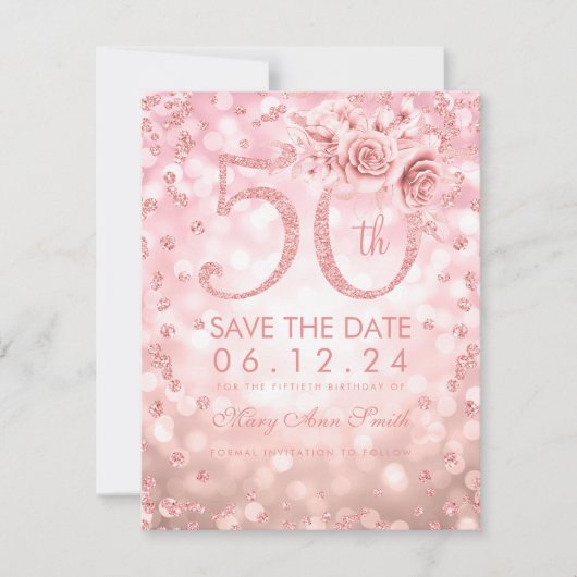 Roos Gold 50th Birthday Glam Licht sparen de datum Save The Date (Voorkant)