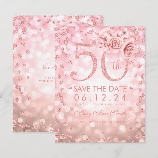 Roos Gold 50th Birthday Glam Licht sparen de datum Save The Date (Voorkant / Achterkant)