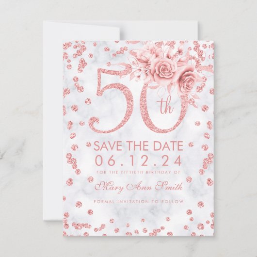 Roos Gold 50th Birthday Glam Marble Save The Date (Voorkant)