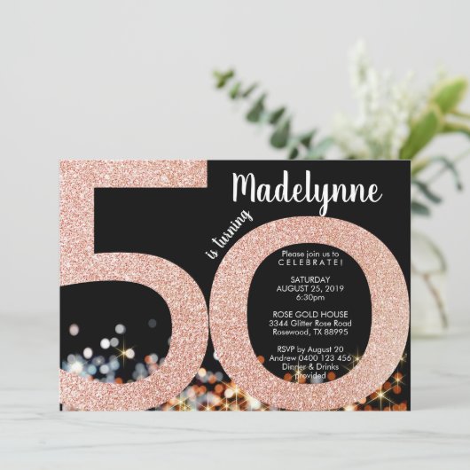 Roos Gold 50th Birthday Invitation - Vrouw 50th Kaart (Staand voorkant)
