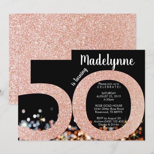 Roos Gold 50th Birthday Invitation - Vrouw 50th Kaart (Voorkant / Achterkant)