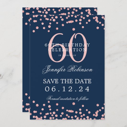 Roos Gold 60 Verjaardag Save Datum Confetti Navy B Kaart (Voorkant / Achterkant)