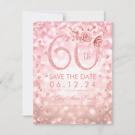 Roos Gold 60th Birthday Glam Licht sparen de datum Save The Date (Voorkant)