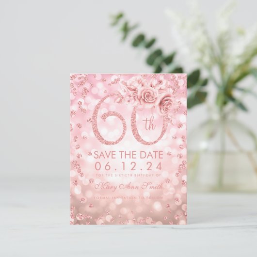 Roos Gold 60th Birthday Glam Licht sparen de datum Save The Date (Staand voorkant)