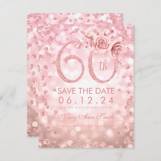Roos Gold 60th Birthday Glam Licht sparen de datum Save The Date (Voorkant / Achterkant)