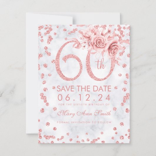 Roos Gold 60th Birthday Glam Marble Save the Date (Voorkant)