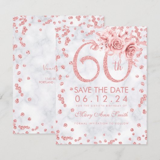 Roos Gold 60th Birthday Glam Marble Save the Date (Voorkant / Achterkant)