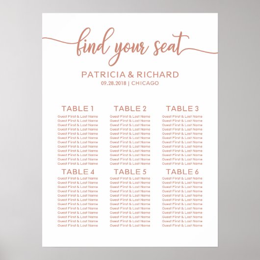 Roos Gold 6 Tables Wedding Seding Chart Poster (Voorkant)