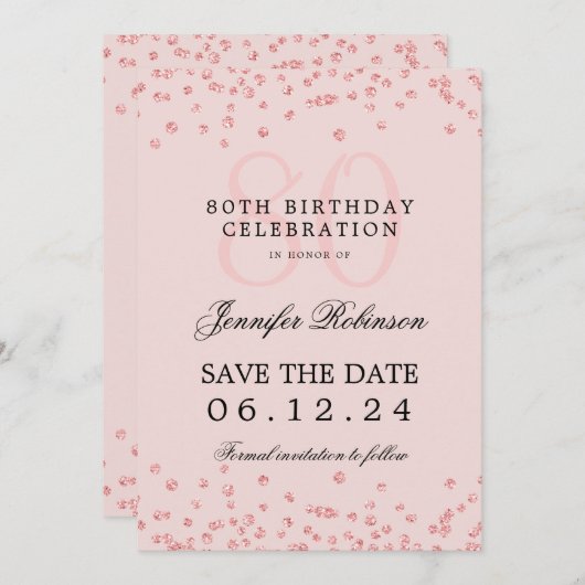 Roos Gold 80th Birthday Save Datum Details Blush Kaart (Voorkant / Achterkant)