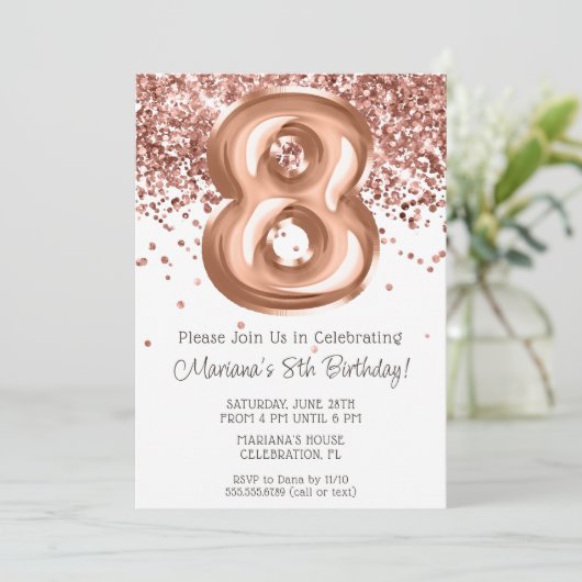 Roos Gold 8e Verjaardagsfeestuitnodiging Kaart (Staand voorkant)