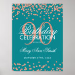 Roos Gold 90th Birthday Glitter Confetti Blauwgroe Poster<br><div class="desc">Elegant 90th Birthday Roos Gold Blauwgroen Faux Glitter Confetti banner sjabloon.</div>