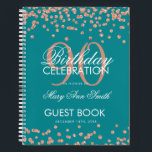Roos Gold 90th Birthday Guestbook Confetti Blauwgr Notitieboek<br><div class="desc">Een elegante 90th Birthday Party Guest Book-sjabloon met Roos Gold Glitter Confetti op Blauwgroen ontwerp en eenvoudig aan te passen tekst.</div>