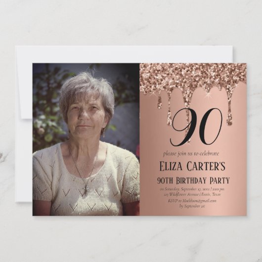 Roos Gold 90th Ninety Drip Elegant Birthday Kaart (Voorkant)