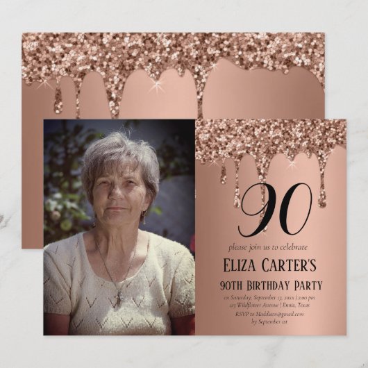 Roos Gold 90th Ninety Drip Elegant Birthday Kaart (Voorkant / Achterkant)
