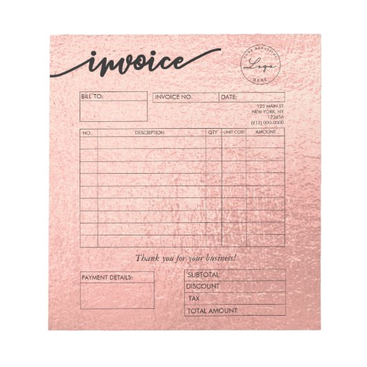 Roos Gold Aangepaste Logo Factuurschild Chef Notitieblok (Voorkant)