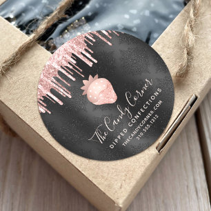 Roos Gold aardbei Glitter Drip Confection Black Ronde Sticker