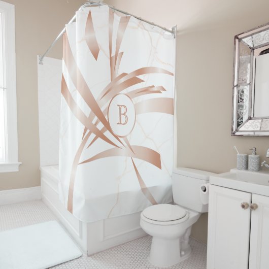 Roos Gold Abstract Art White marble Monogram Douchegordijn (In situ)