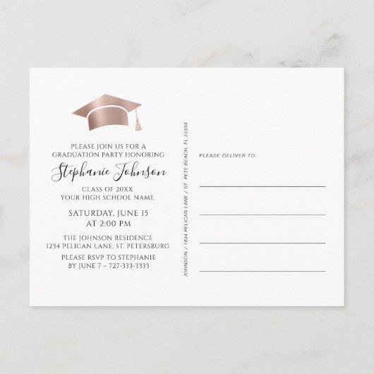 Roos Gold Afstudeerder Pet Blush Pink Ombre Afstud Aankondigingskaart (Achterkant)