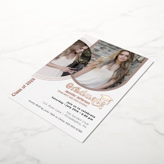 Roos Gold Afstuderen 2 Foto's Folie Uitnodiging (Gedraaid)