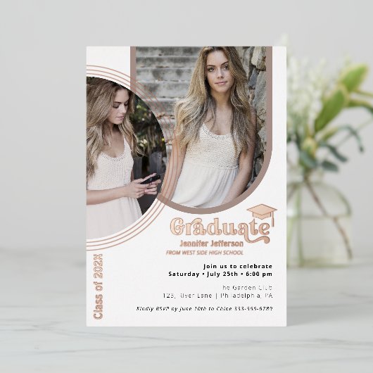 Roos Gold Afstuderen 2 Foto's Folie Uitnodiging (Staand Voorkant)