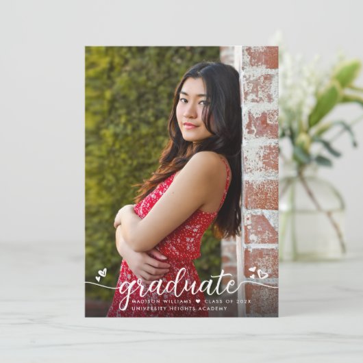 Roos Gold Afstuderen Foto Modern Script Hearts Aankondiging (Staand voorkant)