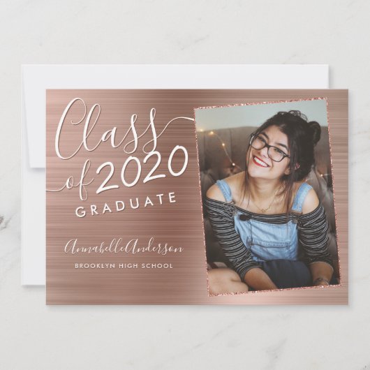 Roos Gold Afstuderen metaal Glitter Foto Afstudere Aankondiging (Voorkant)
