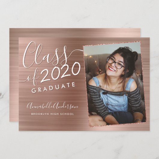 Roos Gold Afstuderen metaal Glitter Foto Afstudere Aankondiging (Voorkant / Achterkant)