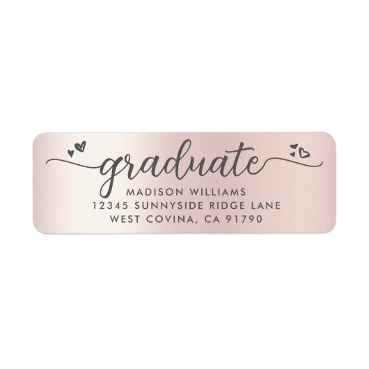 Roos Gold Afstuderen Script Hearts Modern Adres Etiket (Voorkant)
