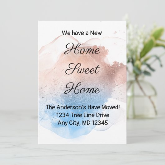 Roos Gold and Blue Splash Moving Aankondiging (Staand voorkant)