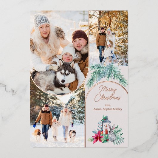 Roos Gold Arches 3 Photo Pine Lantern Kerstmis Folie Feestdagenkaart (Voorkant)