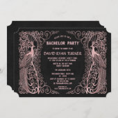 Roos Gold Art Deco Peacock Black Wedding Invite Kaart (Voorkant / Achterkant)