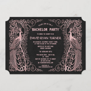 Roos Gold Art Deco Peacock Black Wedding Invite Kaart