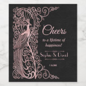 Roos Gold Art Deco Peacock Black Wedding Wijn Etiket (Enkel label)