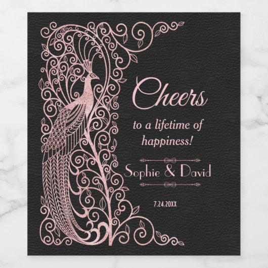 Roos Gold Art Deco Peacock Black Wedding Wijn Etiket (Enkel label)