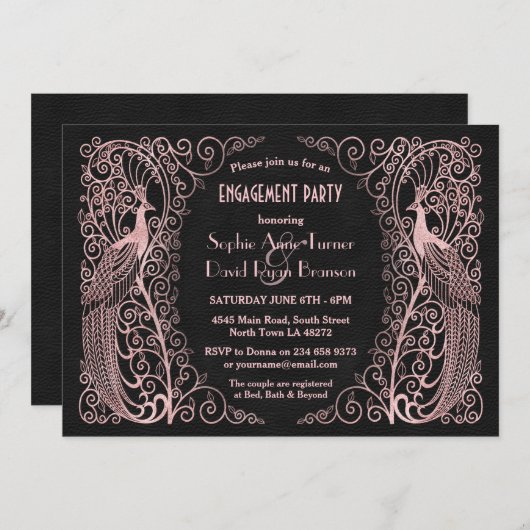 Roos Gold Art Deco Peacock Engagement Party Kaart (Voorkant / Achterkant)